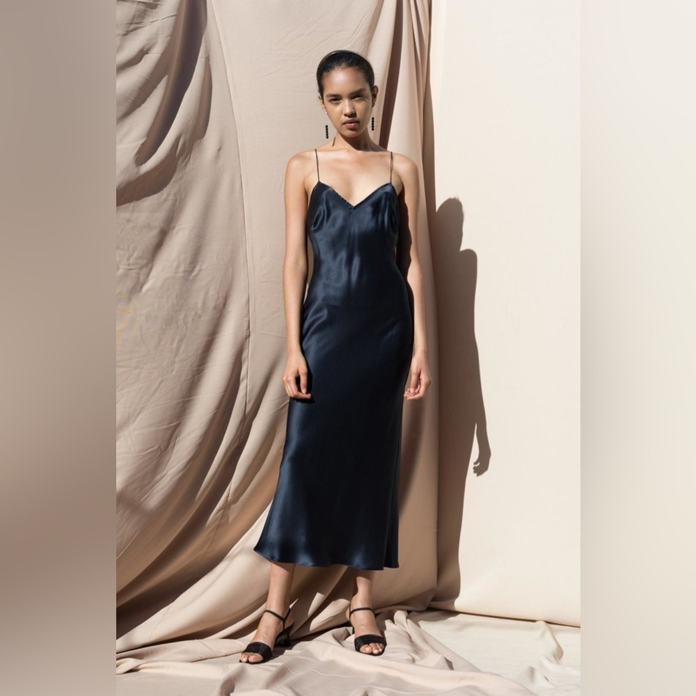 Pari Desai Sandoval laced slip dress small sleeveless 100% silk navy sexy